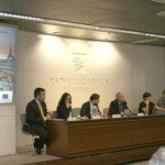 A moment of the first session: (from left to right) Andrés Sainz (REE), Olfa Belhadj Hmida (STEG), Vito Gonnella (TERNA), Juan Francisco Alonso (REE), Stamatina Efstathiou (ADMIE), Bruno Nunes (REN)